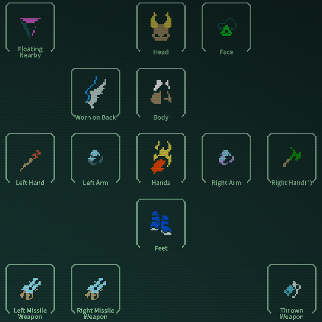 The Caves of Qud equipment screen showcases a player's items.