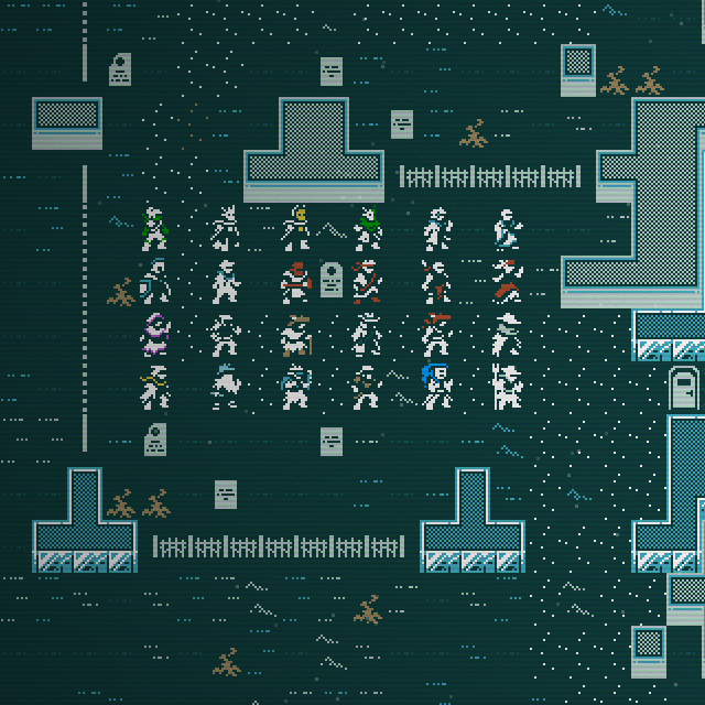 All the player characters from Caves of Qud are assembled.