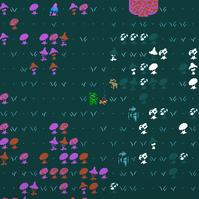 A character treats with some robots by a campfire in a mushroom jungle.